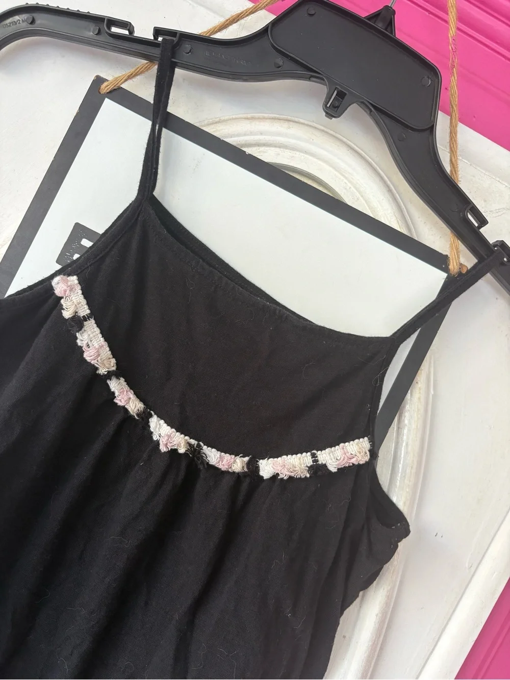 Old Navy Black Spaghetti Strap Dress with Pink Floral Trim